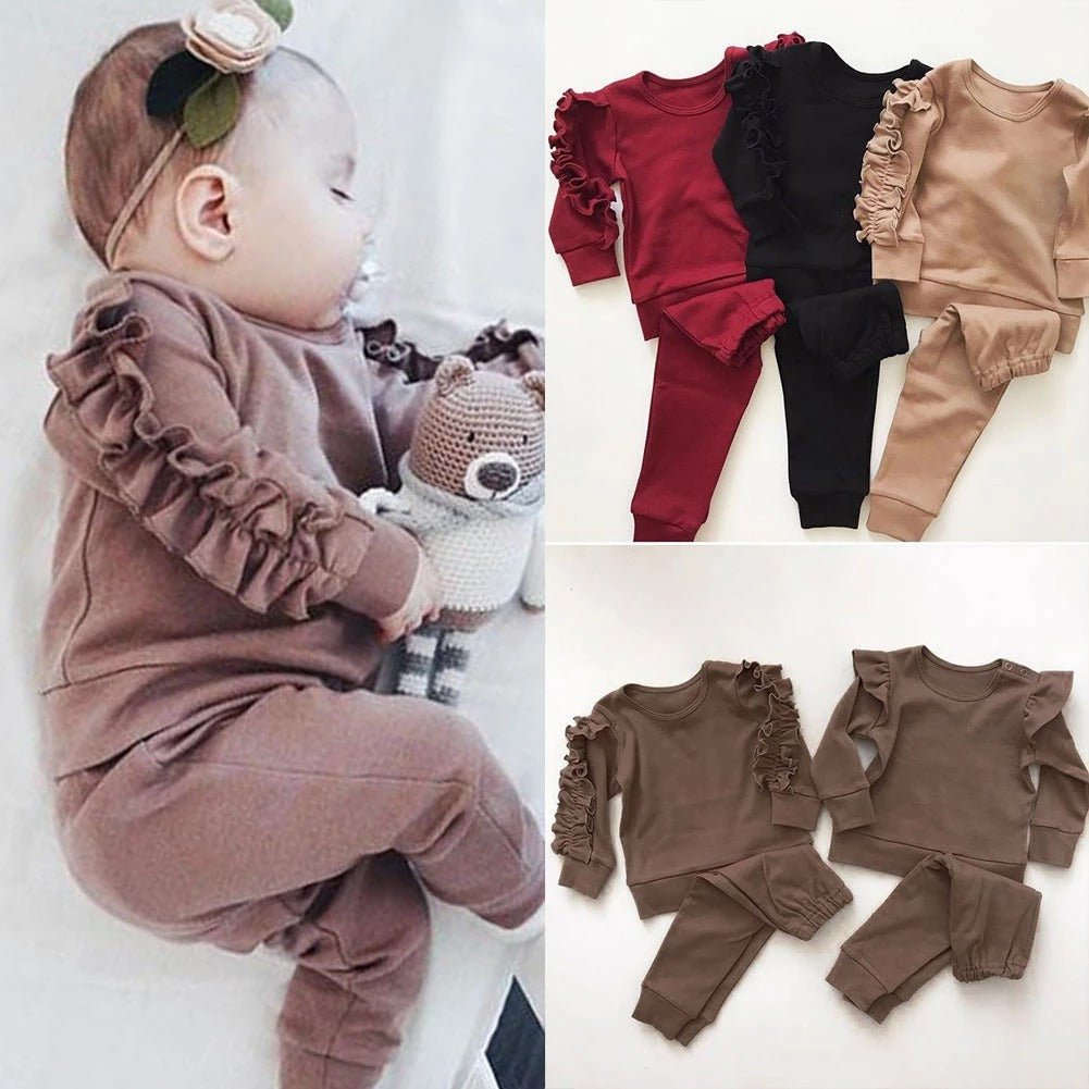 Neugeborene Baby Jungen Mädchen Rüschen Jumper Solide Langarm Sweatshirt Tops Hosen Infant Kinder 2Pcs Outfits Kleidung Set Herbst Kleidung