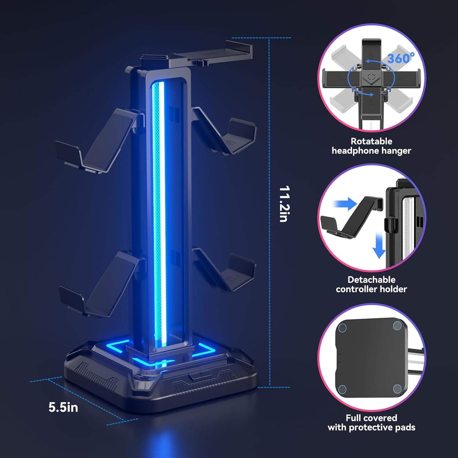 KDD Gaming Kopfhörer Ständer Led Mit 9 Lichtmodi - Drehbarer Headset Halterung Tisch Mit Abnehmbarer Controller Halterung - Headset Ständer Gaming Zubehör Für Gamer PC Xbox ONE Ps5(Schwarz)