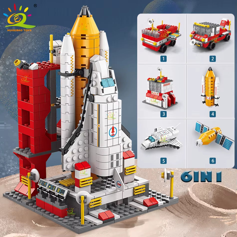HUIQIBAO 1000PCS 6IN1 Space Aerospace Launch Rocket Building Block Model Ideas Astronaut Architecture Bricks Toys for Kids Child