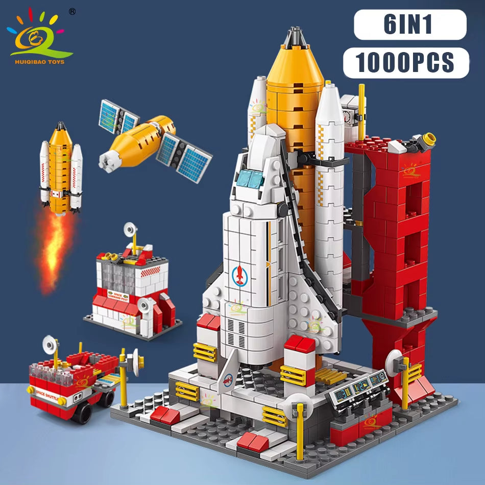 HUIQIBAO 1000PCS 6IN1 Space Aerospace Launch Rocket Building Block Model Ideas Astronaut Architecture Bricks Toys for Kids Child