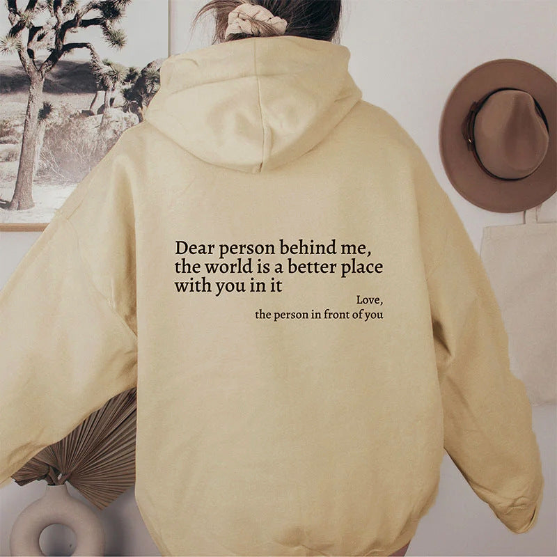 Liebe Person hinter mir, die Welt ist ein besserer Ort, mit dir darin, Liebe, die Person vor dir, Frauen Plüschbuchstaben bedruckt Kängurutasche Kordelzug bedruckter Hoodie Unisex Trendy Hoodies