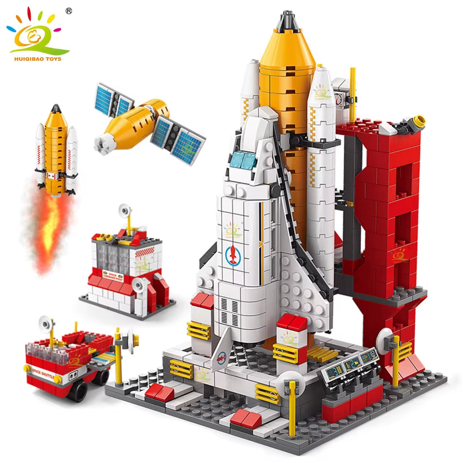 HUIQIBAO 1000PCS 6IN1 Space Aerospace Launch Rocket Building Block Model Ideas Astronaut Architecture Bricks Toys for Kids Child
