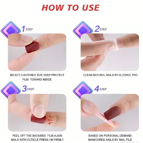 24 PCS Künstliche Nägel, Französisch Spitze Medium Square Wein Rot Herz Natürliche Passform Gel Acryl Nägel